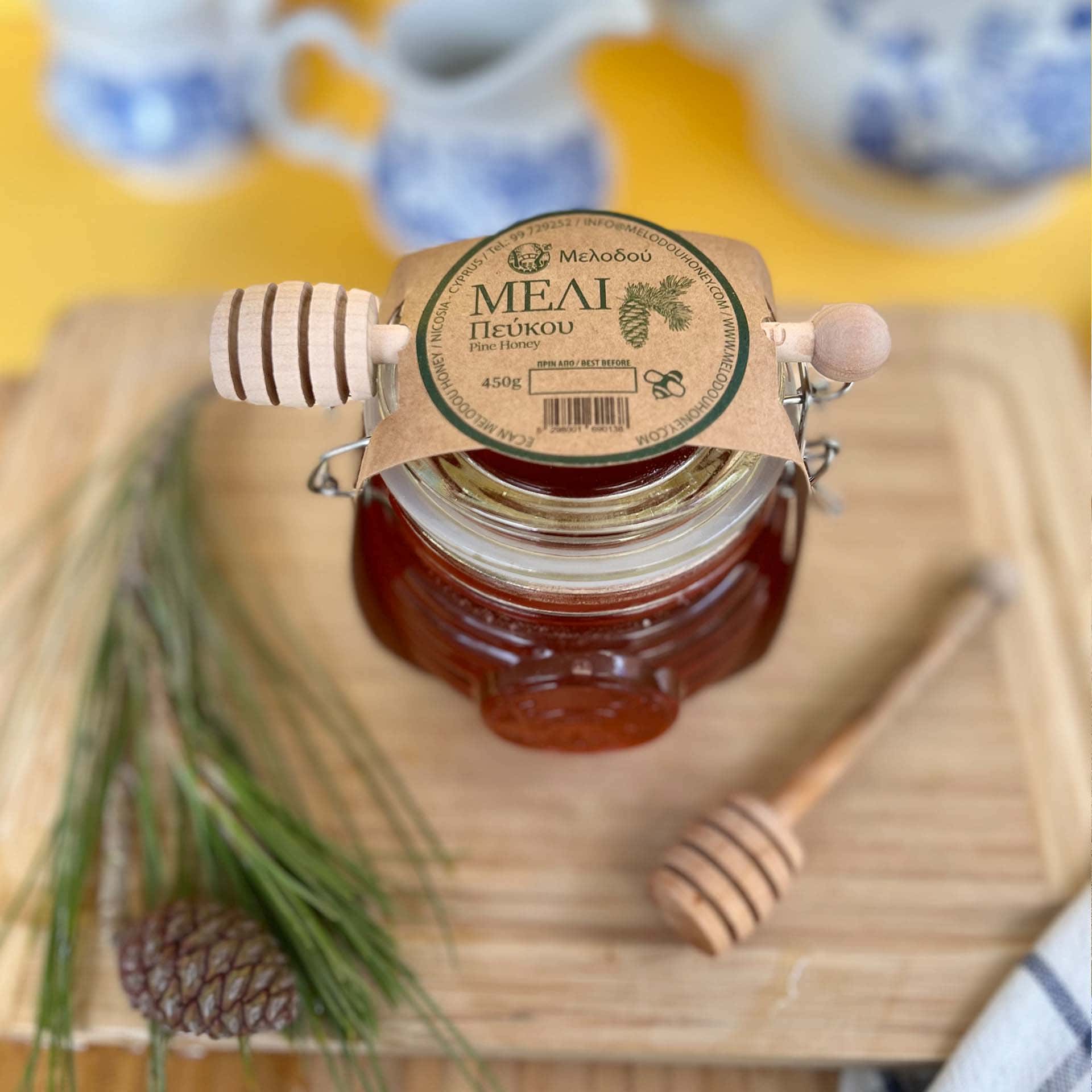 Melodou Pine Honey 450g Glass Jar with Wooden Honey Dipper
