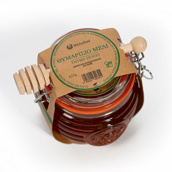 Melodou Gourmet Thyme Pure Honey from Cyprus - 425g Glass Jar with Wooden Honey Dipper
