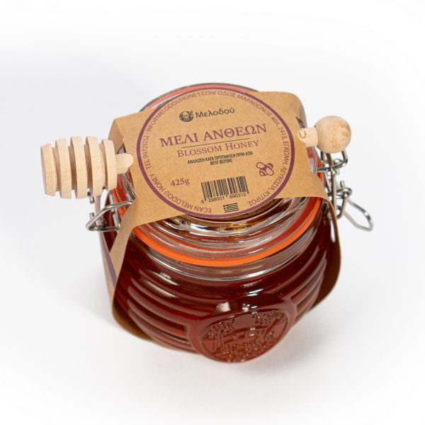 Melodou Gourmet Blossom Pure Honey from Greece - 425g Glass Jar with Wooden Honey Dipper