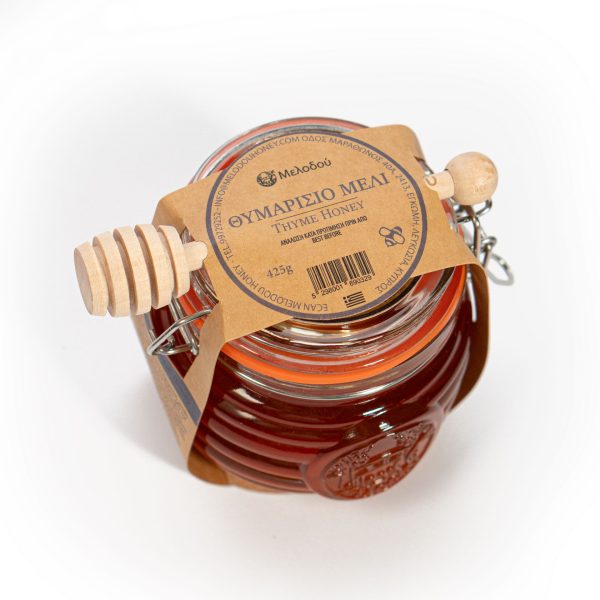 Melodou Gourmet Thyme Pure Honey from Greece - 425g Glass Jar with Wooden Honey Dipper