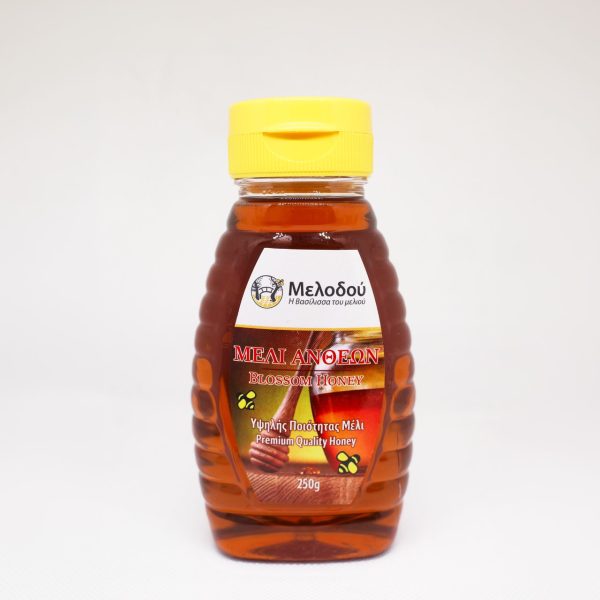 Melodou blossom honey 250g squeezable bottle, front