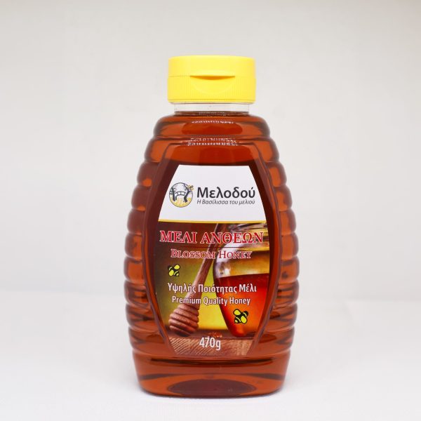 Melodou blossom honey 470g squeezable bottle, front